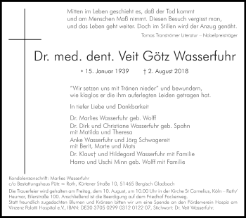 Anzeige von Veit Götz Wasserfuhr von Kölner Stadt-Anzeiger / Kölnische Rundschau / Express