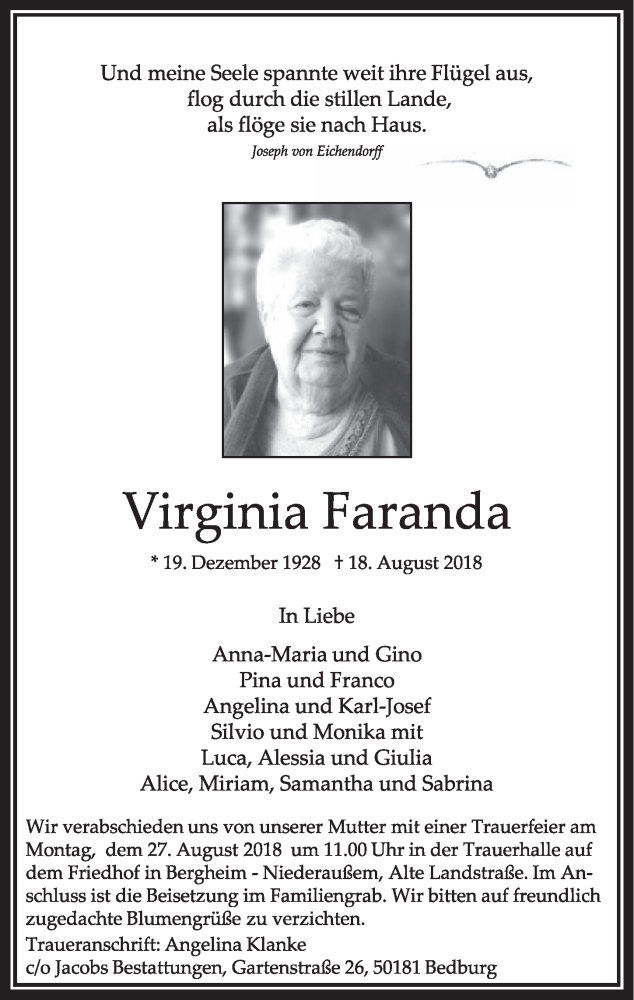  Traueranzeige für Virginia Faranda vom 25.08.2018 aus  Sonntags-Post 