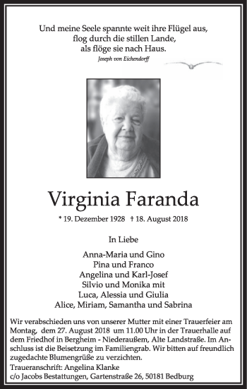 Anzeige von Virginia Faranda von  Sonntags-Post 