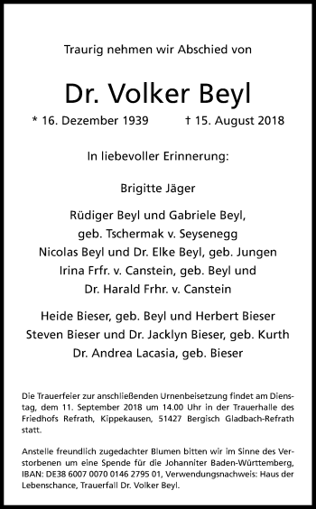 Anzeige von Volker Beyl von Kölner Stadt-Anzeiger / Kölnische Rundschau / Express