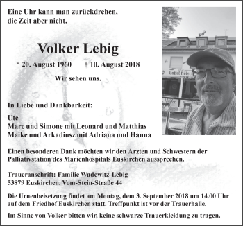 Anzeige von Volker Lebig von  Blickpunkt Euskirchen 