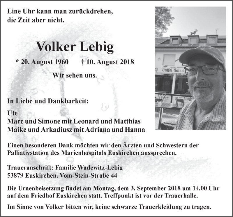  Traueranzeige für Volker Lebig vom 18.08.2018 aus  Blickpunkt Euskirchen 