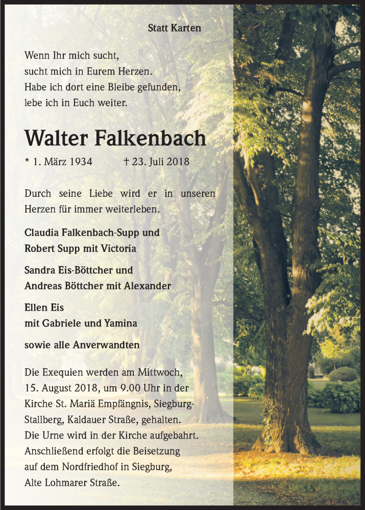  Traueranzeige für Walter Falkenbach vom 10.08.2018 aus Kölner Stadt-Anzeiger / Kölnische Rundschau / Express