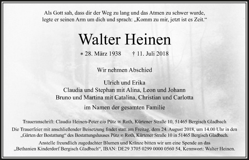 Traueranzeige für Walter Heinen vom 04.08.2018 aus  Mülheimer  Wochenende 