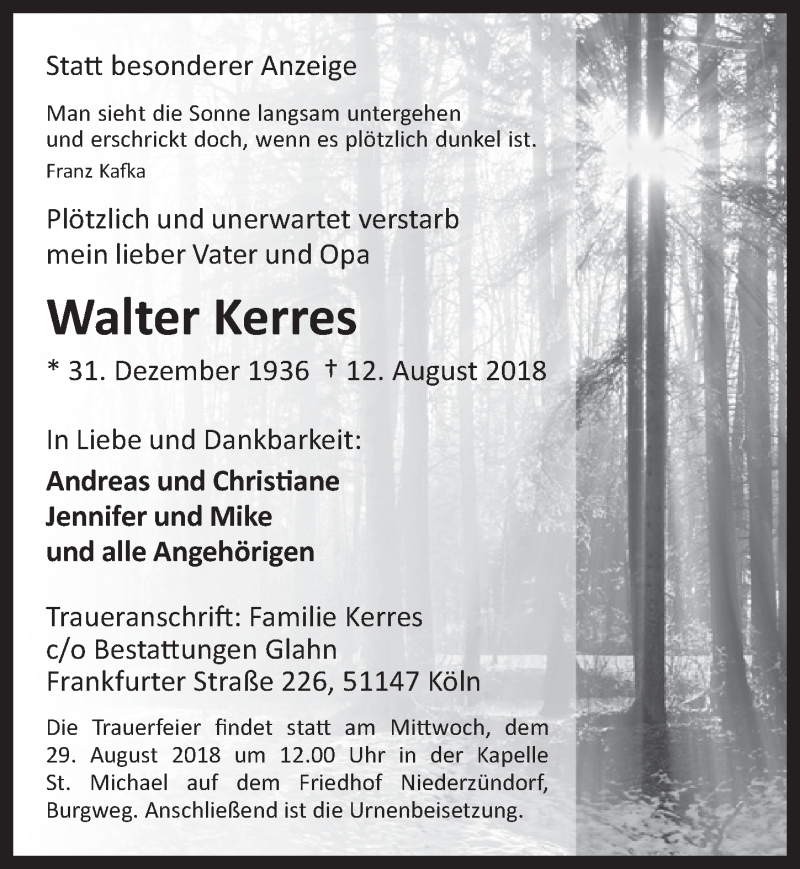  Traueranzeige für Walter Kerres vom 22.08.2018 aus  Kölner Wochenspiegel 