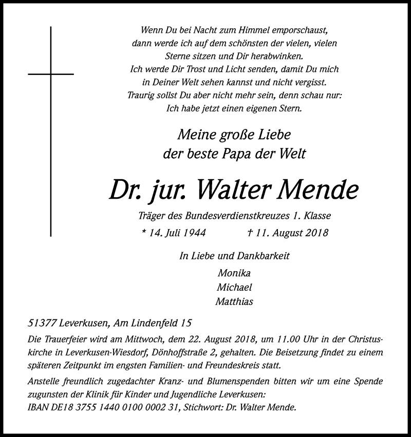  Traueranzeige für Walter Mende vom 16.08.2018 aus Kölner Stadt-Anzeiger / Kölnische Rundschau / Express