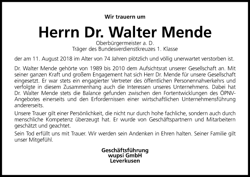  Traueranzeige für Walter Mende vom 18.08.2018 aus Kölner Stadt-Anzeiger / Kölnische Rundschau / Express