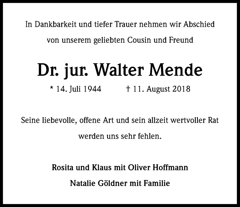  Traueranzeige für Walter Mende vom 16.08.2018 aus Kölner Stadt-Anzeiger / Kölnische Rundschau / Express