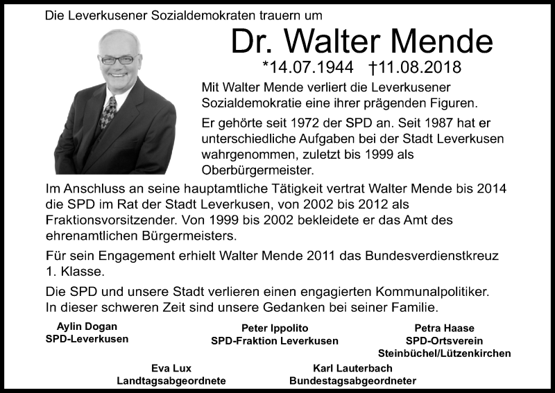  Traueranzeige für Walter Mende vom 18.08.2018 aus Kölner Stadt-Anzeiger / Kölnische Rundschau / Express