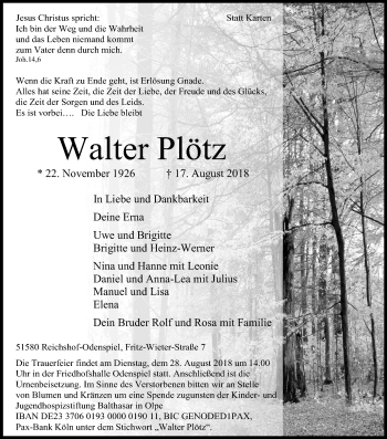 Anzeige von Walter Plötz von Kölner Stadt-Anzeiger / Kölnische Rundschau / Express