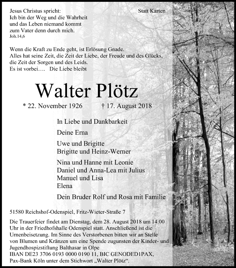  Traueranzeige für Walter Plötz vom 22.08.2018 aus Kölner Stadt-Anzeiger / Kölnische Rundschau / Express