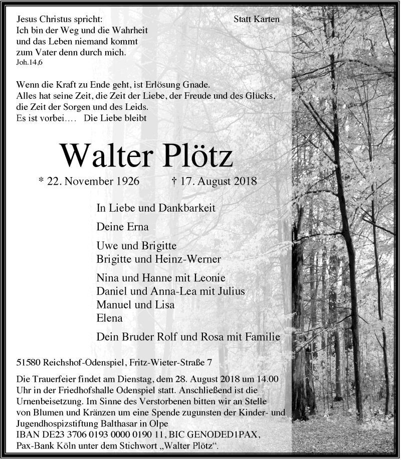  Traueranzeige für Walter Plötz vom 22.08.2018 aus  Lokalanzeiger 