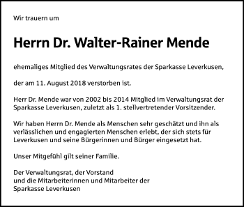 Anzeige von Walter-Rainer Mende von Kölner Stadt-Anzeiger / Kölnische Rundschau / Express