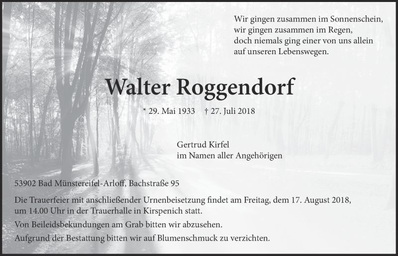  Traueranzeige für Walter Roggendorf vom 11.08.2018 aus  Blickpunkt Euskirchen 