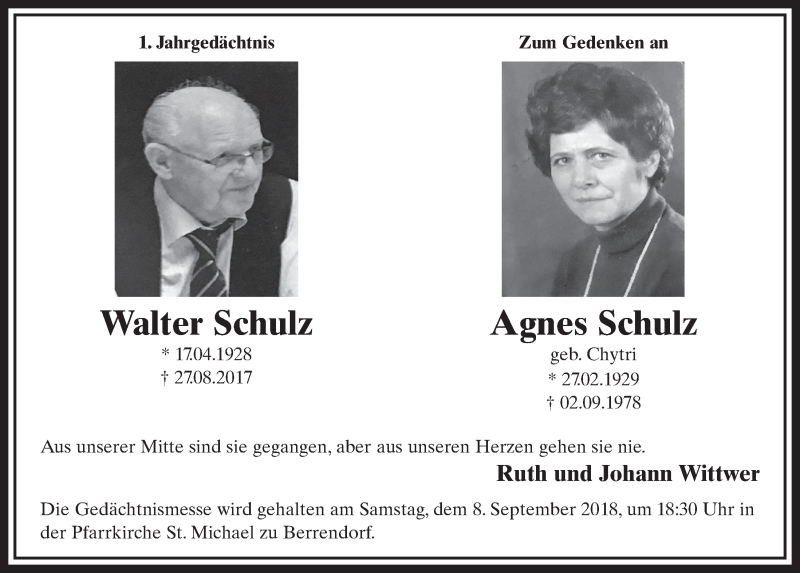  Traueranzeige für Walter Schulz vom 01.09.2018 aus  Sonntags-Post 