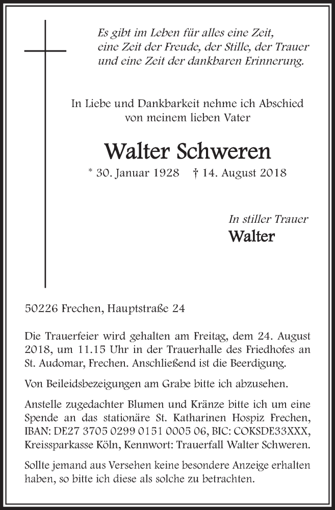  Traueranzeige für Walter Schweren vom 18.08.2018 aus  Sonntags-Post 