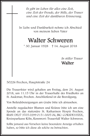 Anzeige von Walter Schweren von  Sonntags-Post 