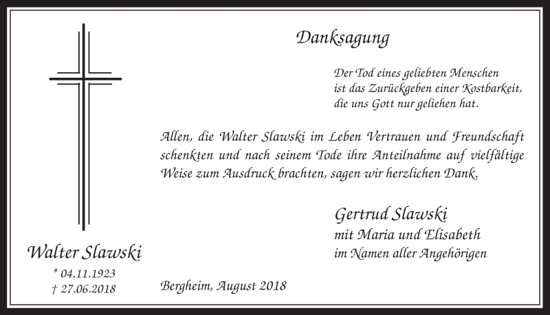  Traueranzeige für Walter Slawski vom 29.08.2018 aus  Werbepost 