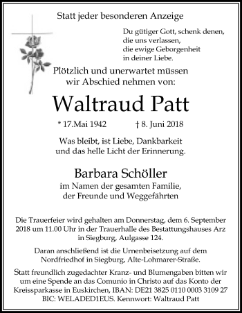 Anzeige von Waltraud Patt von Kölner Stadt-Anzeiger / Kölnische Rundschau / Express