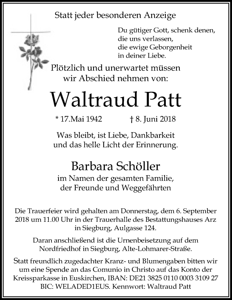  Traueranzeige für Waltraud Patt vom 01.09.2018 aus Kölner Stadt-Anzeiger / Kölnische Rundschau / Express