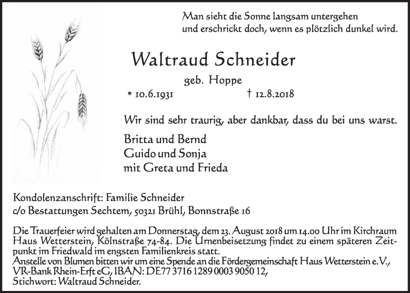  Traueranzeige für Waltraud Schneider vom 22.08.2018 aus  Schlossbote/Werbekurier 