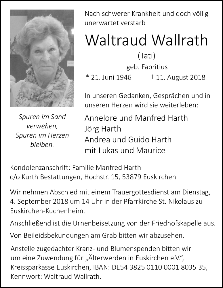  Traueranzeige für Waltraud Wallrath vom 25.08.2018 aus Kölner Stadt-Anzeiger / Kölnische Rundschau / Express