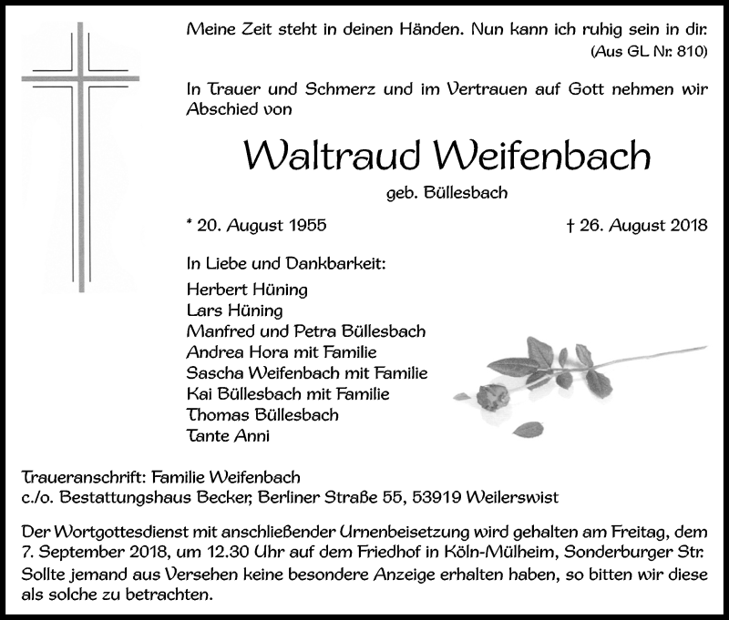  Traueranzeige für Waltraud Weifenbach vom 01.09.2018 aus Kölner Stadt-Anzeiger / Kölnische Rundschau / Express