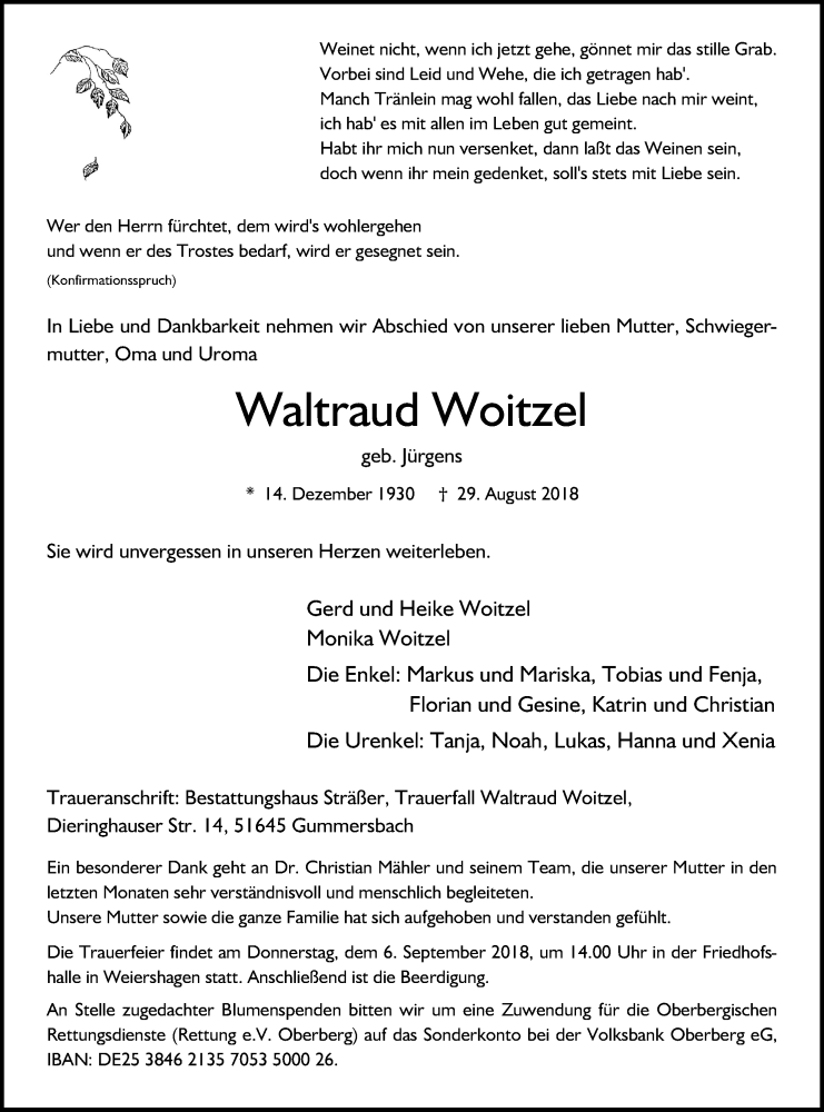  Traueranzeige für Waltraud Woitzel vom 01.09.2018 aus Kölner Stadt-Anzeiger / Kölnische Rundschau / Express