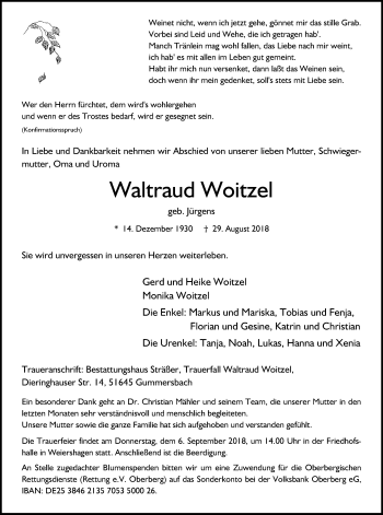 Anzeige von Waltraud Woitzel von Kölner Stadt-Anzeiger / Kölnische Rundschau / Express