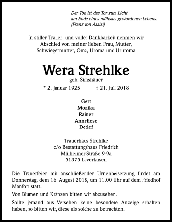 Anzeige von Wera Strehlke von Kölner Stadt-Anzeiger / Kölnische Rundschau / Express