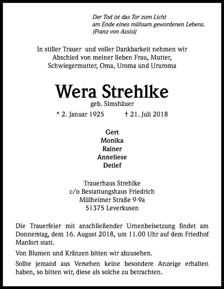  Traueranzeige für Wera Strehlke vom 11.08.2018 aus Kölner Stadt-Anzeiger / Kölnische Rundschau / Express