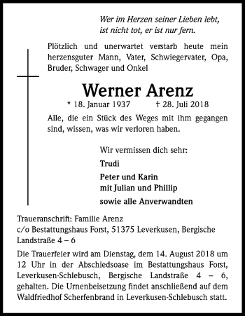 Anzeige von Werner Arenz von Kölner Stadt-Anzeiger / Kölnische Rundschau / Express