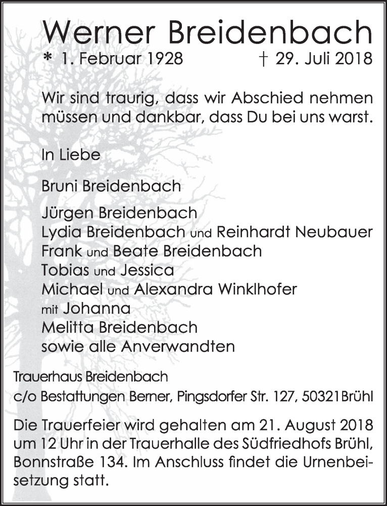  Traueranzeige für Werner Breidenbach vom 15.08.2018 aus  Schlossbote/Werbekurier 