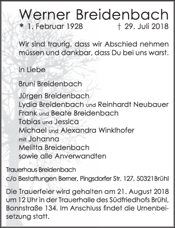 Anzeige von Werner Breidenbach von  Schlossbote/Werbekurier 