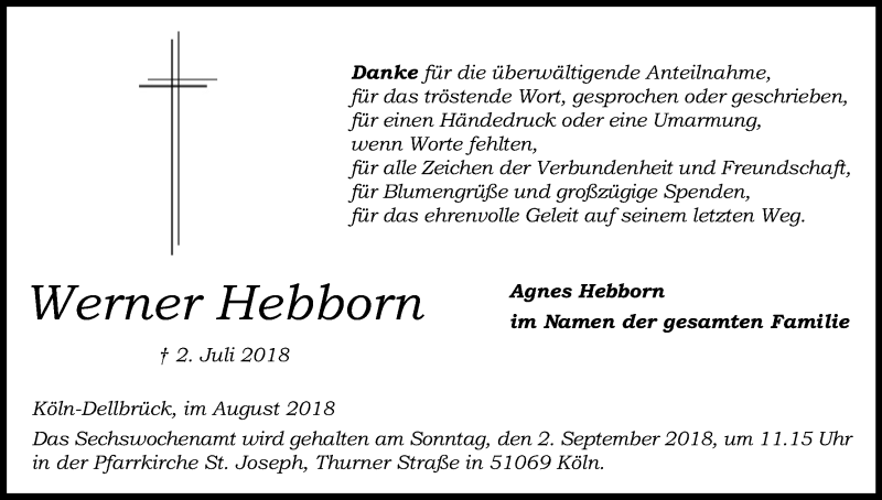  Traueranzeige für Werner Hebborn vom 18.08.2018 aus Kölner Stadt-Anzeiger / Kölnische Rundschau / Express