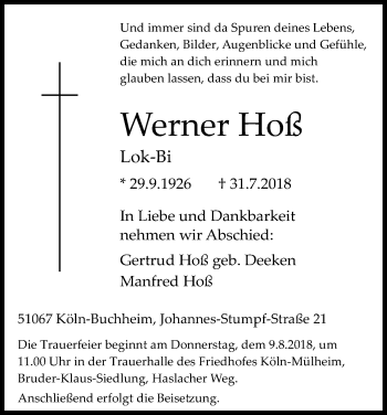 Anzeige von Werner Hoß von Kölner Stadt-Anzeiger / Kölnische Rundschau / Express