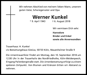 Anzeige von Werner Kunkel von Kölner Stadt-Anzeiger / Kölnische Rundschau / Express