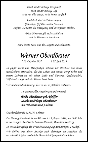Anzeige von Werner Oberdörster von Kölner Stadt-Anzeiger / Kölnische Rundschau / Express