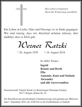 Anzeige von Werner Ratzki von  Sonntags-Post 