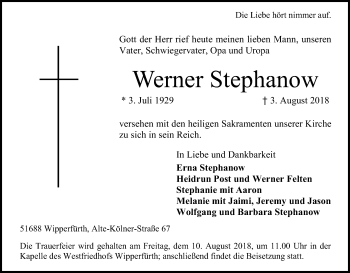 Anzeige von Werner Stephanow von Kölner Stadt-Anzeiger / Kölnische Rundschau / Express