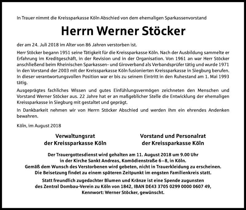  Traueranzeige für Werner Stöcker vom 03.08.2018 aus Kölner Stadt-Anzeiger / Kölnische Rundschau / Express