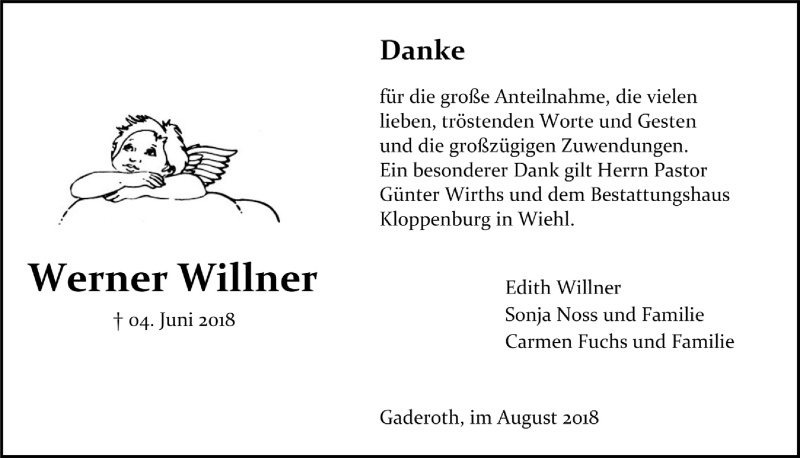  Traueranzeige für Werner Willner vom 08.08.2018 aus  Anzeigen Echo  Lokalanzeiger 
