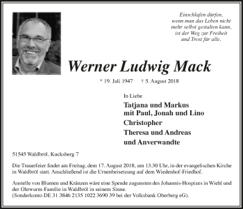 Anzeige von Werner Ludwig Mack von  Lokalanzeiger 