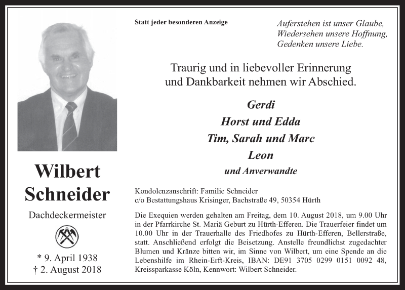  Traueranzeige für Wilbert Schneider vom 08.08.2018 aus  Wochenende 