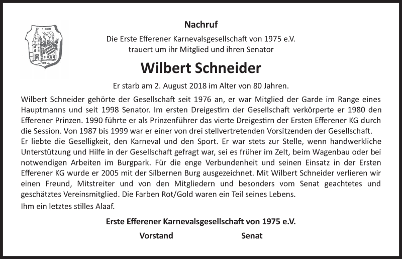  Traueranzeige für Wilbert Schneider vom 15.08.2018 aus  Wochenende 