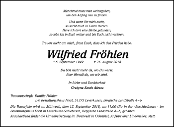 Anzeige von Wilfried Fröhlen von Kölner Stadt-Anzeiger / Kölnische Rundschau / Express