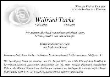 Anzeige von Wilfried Tacke von Kölner Stadt-Anzeiger / Kölnische Rundschau / Express