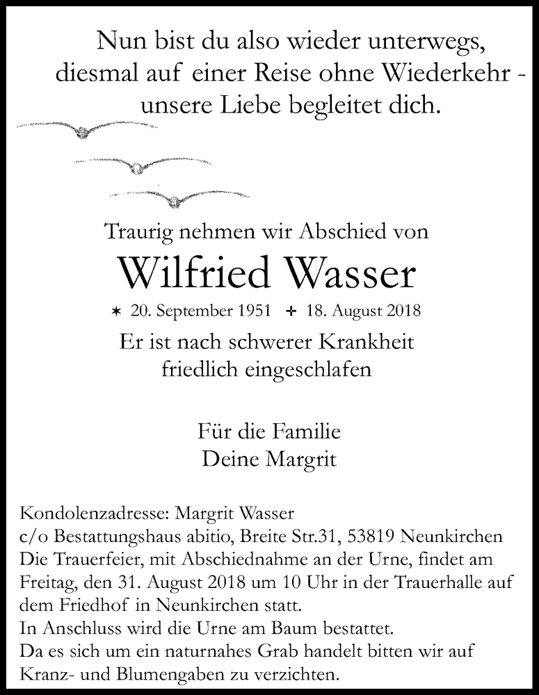 Traueranzeige für Wilfried Wasser vom 25.08.2018 aus Kölner Stadt-Anzeiger / Kölnische Rundschau / Express