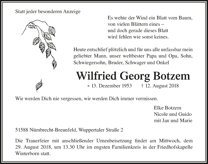  Traueranzeige für Wilfried Georg Botzem vom 29.08.2018 aus  Lokalanzeiger 