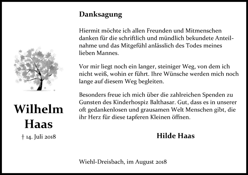  Traueranzeige für Wilhelm Haas vom 18.08.2018 aus Kölner Stadt-Anzeiger / Kölnische Rundschau / Express